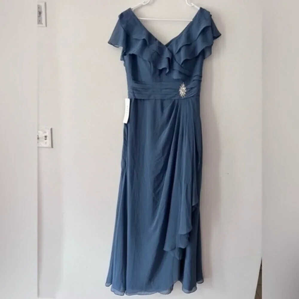 AZAZIE maxi dress A-Line Ruched Chiffon Floor-Length Dress Dusty Blue Size 10 - Picture 6 of 14